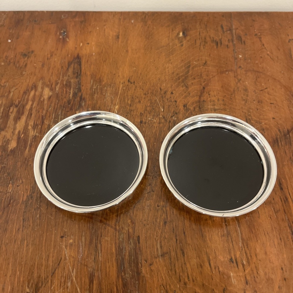 2 Vintage Unmarked Silver Plated Round Drink Coasters Black Formica Center 3.5